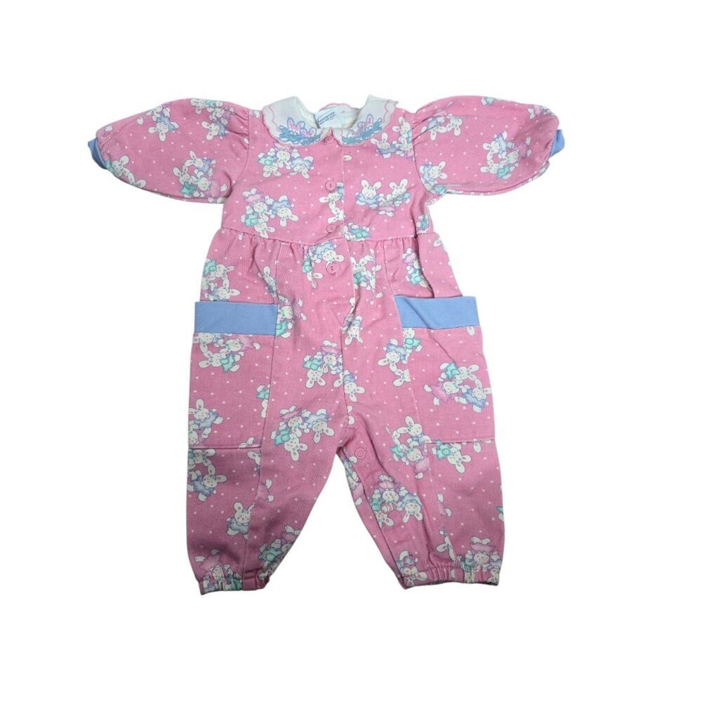 Vintage Oshkosh Pink Cotton Denim Bunny Print Romper 3-6 Months